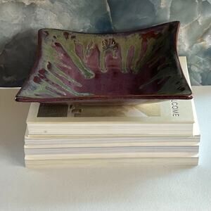 Signed Studio Art Trinket Tray Large Raised Square 9 x 1.5in Purple & Green Drip